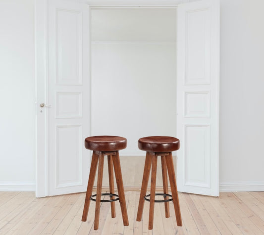 Barstool Chairs 2 pcs Real Leather and Solid Acacia Wood