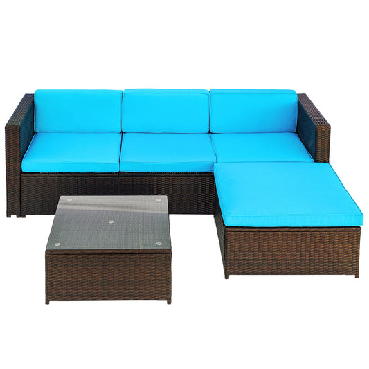 Set Wicker Garden Sofa Set (5-Pieces, Blue Cushion)