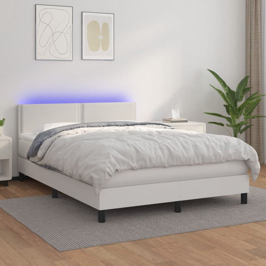 Box Spring Bed with Mattress & LED White Full Faux Leather