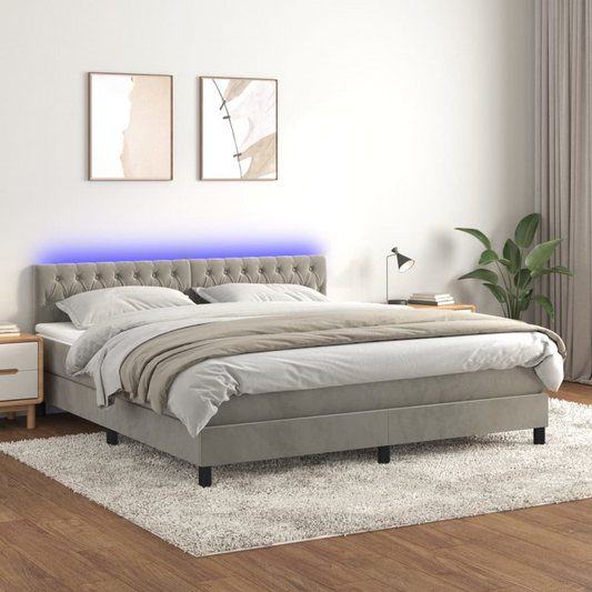 Box Spring Bed with Mattress & LED Light Gray King Velvet