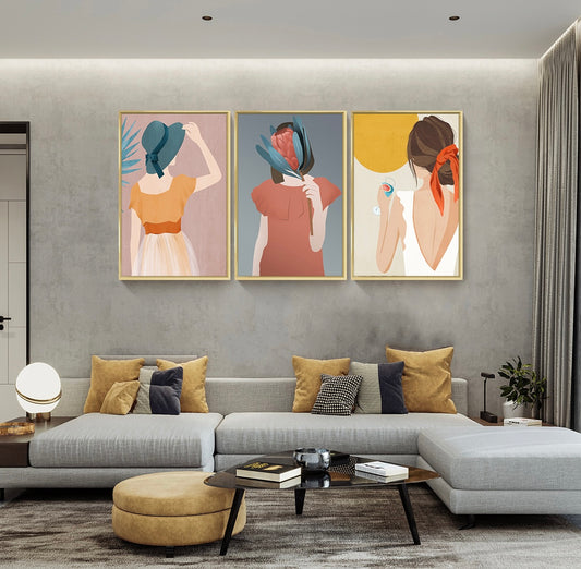 Leisure Woman Framed Canvas Wall Art-Oil Paintings, Aesthetic Canvas Prints for Living Room Bedroom Office Home; 3 Panels