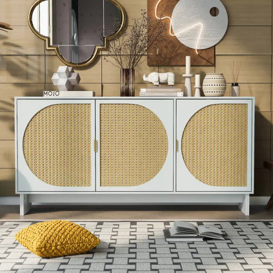 Mid Century Modern Buffet Accent Cabinet with Rattan Door, with Adjustable Shelves, for Living Room, Entryway