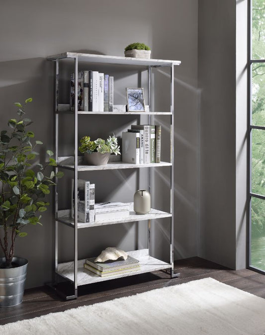 Visage Bookcase, White Printed Faux Marble & Chrome