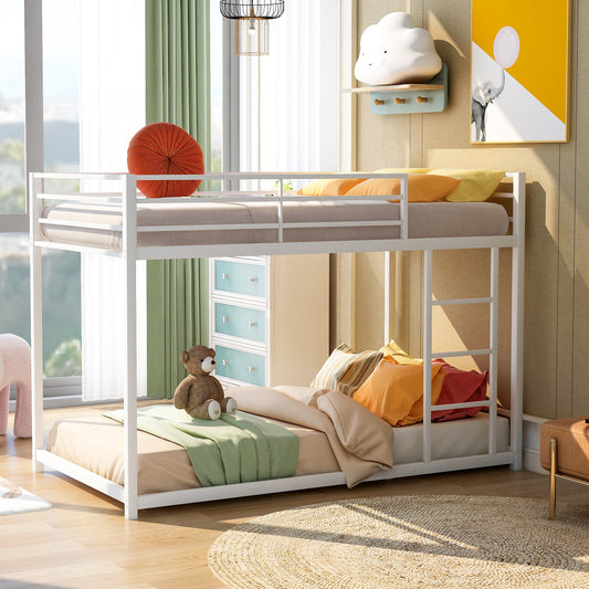 Twin over Twin Metal  Low Bunk Bed with Ladder, White
