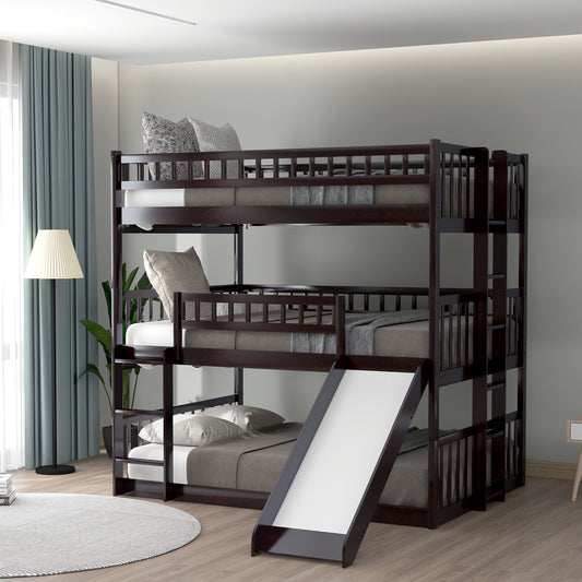 Full-Over-Full-Over-Full Triple Bed with Built-in Ladder and Slide  Kids, Triple Bunk Bed with Guardrails, Espresso