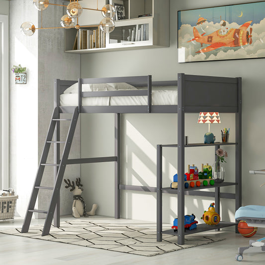 Twin size Loft Bed with  Shelves and Ladder-Gray