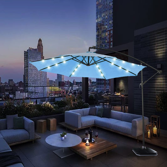 Solar LED Patio Outdoor Hanging Cantilever Umbrella Offset Easy Open Adustment with 24 LED Lights, Blue