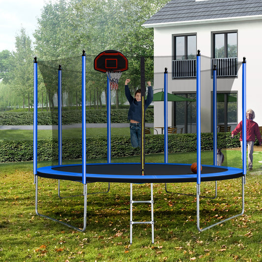 Trampoline with Basketball Hoop Inflator and Ladder(Inner Safety Enclosure) Blue
