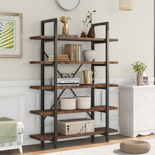 5-tier Industrial Bookcase with Rustic Wood and Metal Frame, Distressed Brown