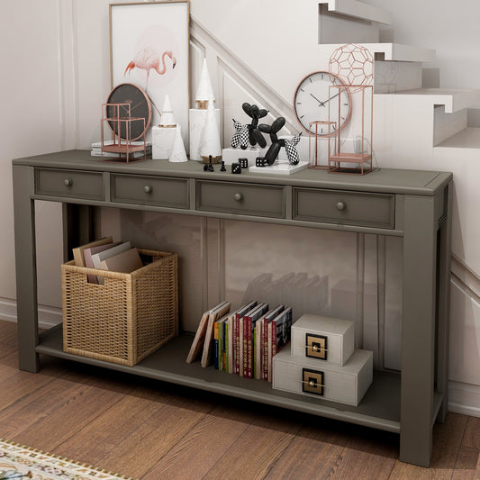 Console Table  Entryway Hallway Sofa Table with Storage Drawers and Bottom Shelf (Khaki)