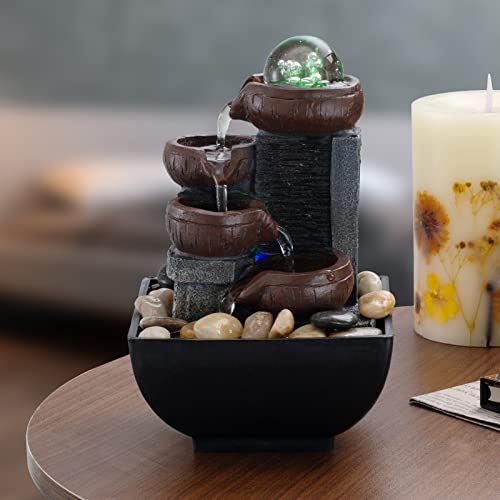 Indoor Tabletop Relaxation Desktop Fountain Includes Many Natural River Rocks Decorated with Colored Lights and Rotating Bubble Ball