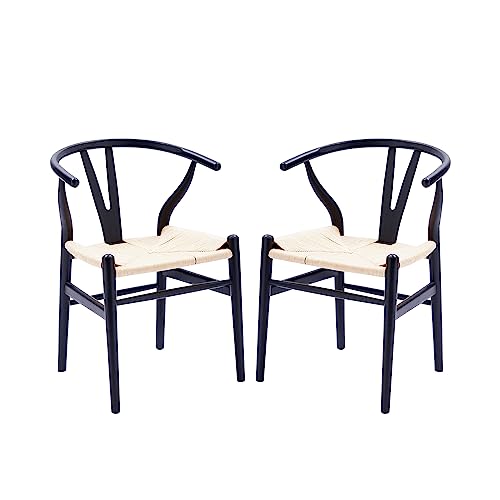 Modern Mid-Century  Solid Wood Wishbone Weave Chair, (2 Set, Matt Black)