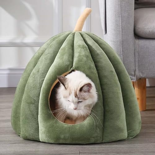 Cute Cat Bed for Indoor Cats, Pumpkin Style Cat Cave Pet Bed with Removable Cushion Pillow, Soft Semi-Closed for Small, Medium Dogs and Cats