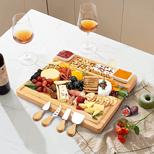 Unique Bamboo Large Charcuterie/Cheese Boards and Knife Set  Wine Meat Cheese Tray Platter for Bridal Shower, Housewarming, and Anniversary Wedding Gift’s
