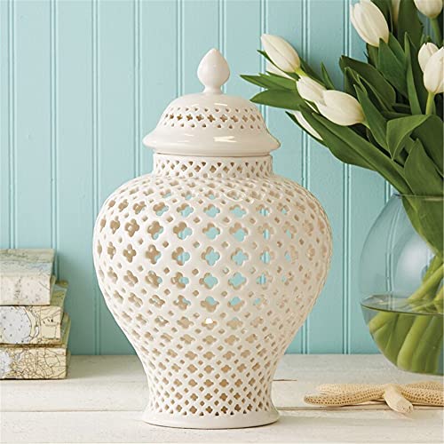 Decorative Temple Carved Lattice Ceramic Ginger Jar, White (Color : White, Size : Small)