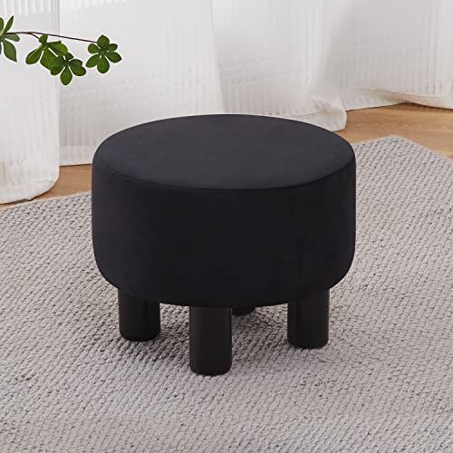 Modern Upholstered Round Velvet Ottoman Footrest Stool, Step Stool, 4 Wood Legs with Anti-Slip Pads, Accent Home Decor Suitable for Living Room Bedroom Entryway, Black