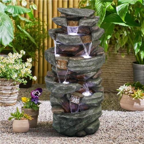 High Rocks Outdoor Water Fountain with LED Lights, 40.5inches
