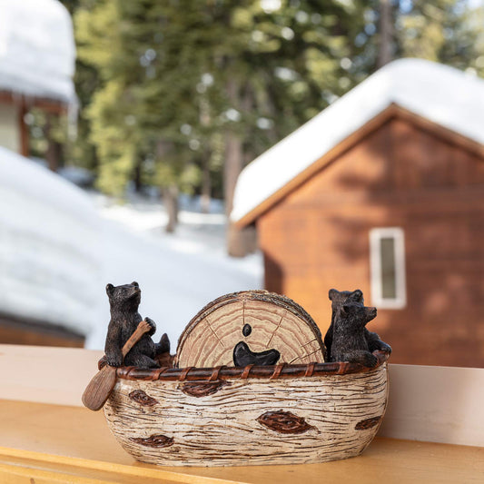 Bear Coasters Set – 6 Full Size Rustic Coasters in Handmade Canoe with Adorable Black Bear Figurines | Black Bear Log Cabin Decorations, Rustic Lodge Decor for The Home