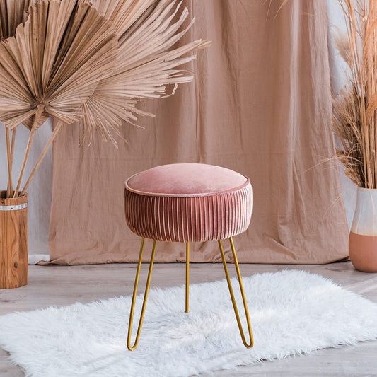 Upholstered Round Pink Velvet Pleated Vanity Ottoman Stool, for Makeup Room, Footrest with Metal Legs for Living Room, Bedroom