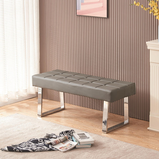 Soft Long Seat Bench, White, Black, Grey Faux Leather Steel Base Lounge Stool (Gray)