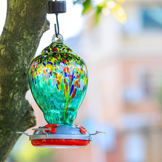 Hummingbird Feeder for Outdoors Patio Large 32 Ounces Colorful Hand Blown Glass Hummingbird Feeder with Ant Moat Hanging Hook