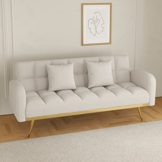 Beige Sofa Bed With Adjustable Sofa Teddy Fleece 2 Throw Pillows, 69-inch