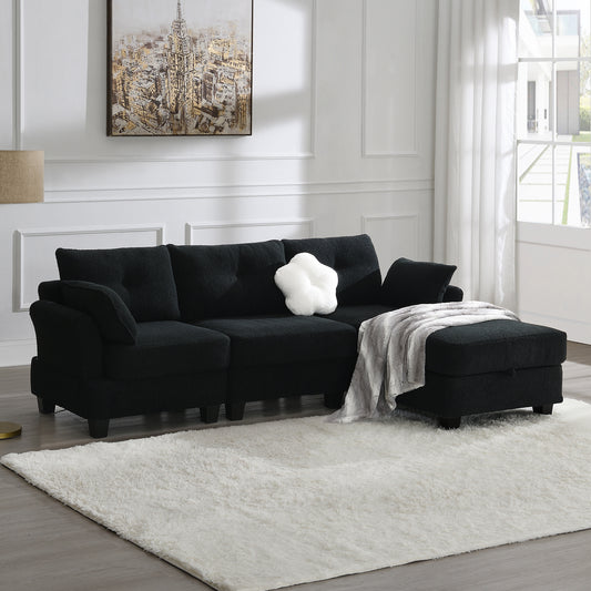 Modern Teddy Velvet Sectional Sofa, Charging Ports on Each Side, L-shaped Couch with Storage Ottoman, 4 seat Interior Furniture for Living Room, Apartment, 3 Colors(3 pillows), 92*63"