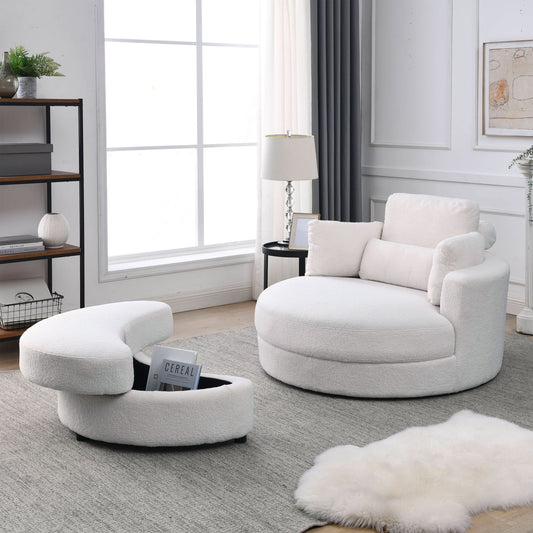 Modern Swivel Accent Barrel Big Lounge Round Chair with Compartment Ottoman, Linen Fabric for Living Room Hotel with Pillows, Teddy White (Ivory)
