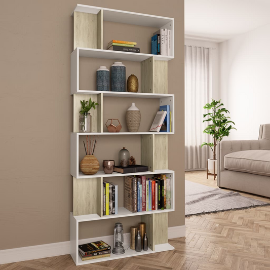 Book Cabinet/Room Divider White and Sonoma Oak 31.5"x9.4"x75.6" Engineered Wood