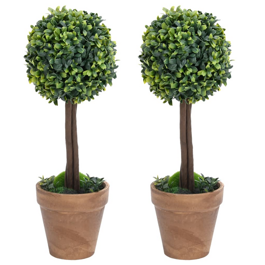 Artificial Boxwood Plants 2 pcs with Pots Ball Shaped Green 16.1"