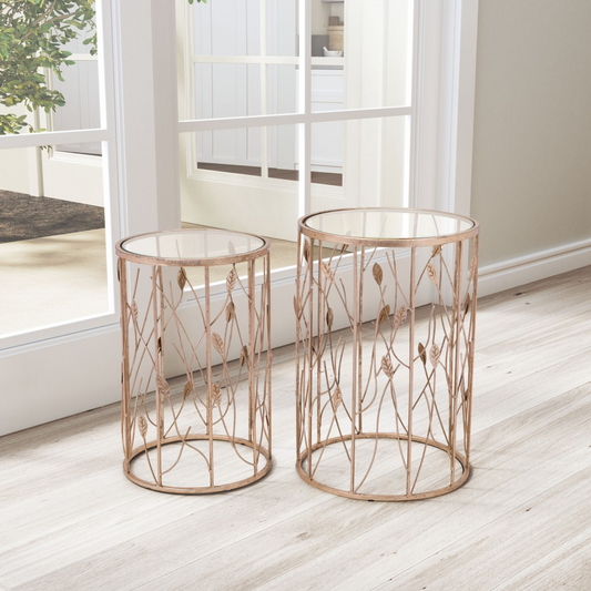Set of Two Leaf Gold and Glass Side Tables