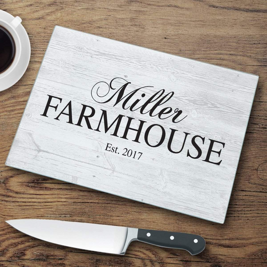 Modern Personalized Family Farmhouse Glass Cutting Board