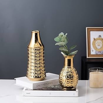 Small Round Gold Ceramic Vase for Home Decor, Wide Caliber