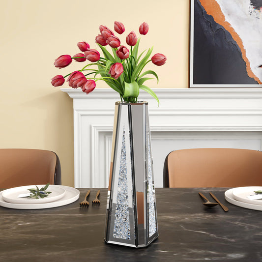 Tall Luxury Crushed Mirrored Diamond Flower Vase Centerpieces, Crystal Silver Glass Vases Flowers, 13 inches