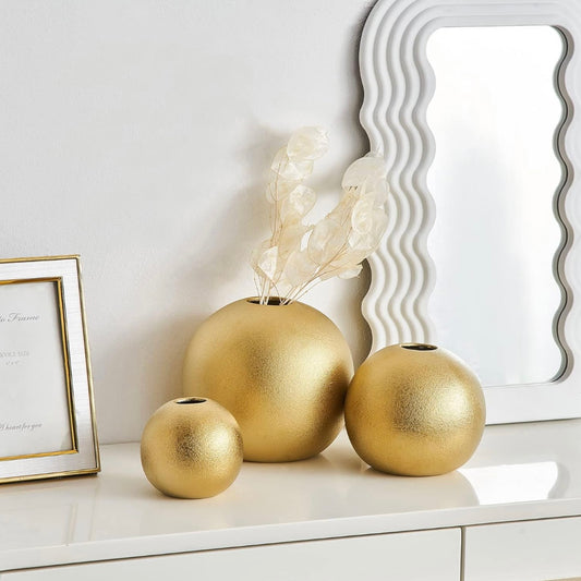 Modern Round Decorative Gold Vase Ceramic Vase Set of 3, for Table Centerpiece Wedding, Office, Living Room Decor