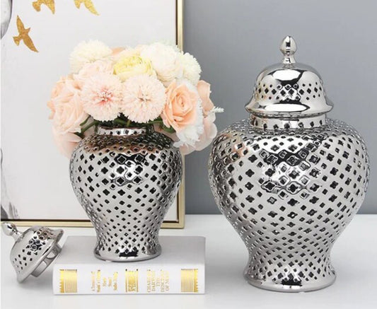 Modern Ceramic Porcelain Hollow Out Carved Lattice Ginger Jar Vase with Lid for Office and Home Bedroom Desk Decor, Silver