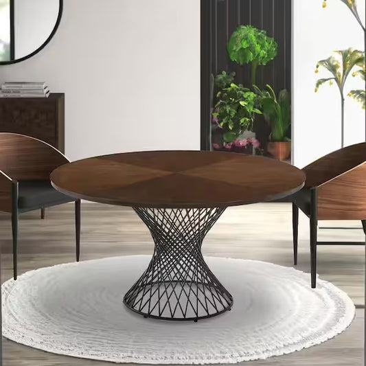 Walnut And Black Wood and Metal Hourglass Base Dining Table, 54"