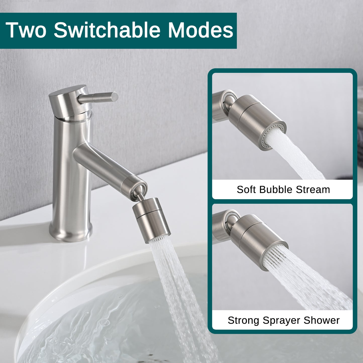 Brushed Nickle Bathroom Sink Faucet  2 Mode with 360° Rotating Aerator