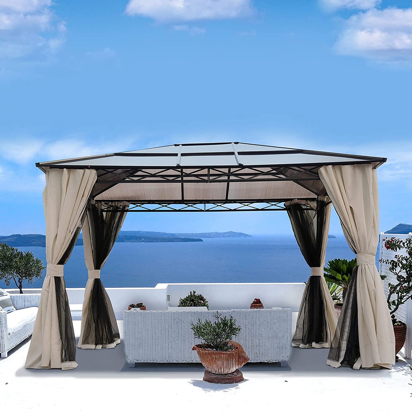 Outdoor Canopy with Mosquito Netting and Curtains Hardtop Gazebo