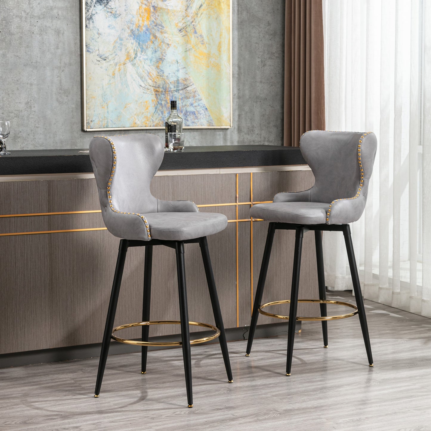 Modern Leathaire Fabric Swivel Bar Stool Chair, Set of 2
