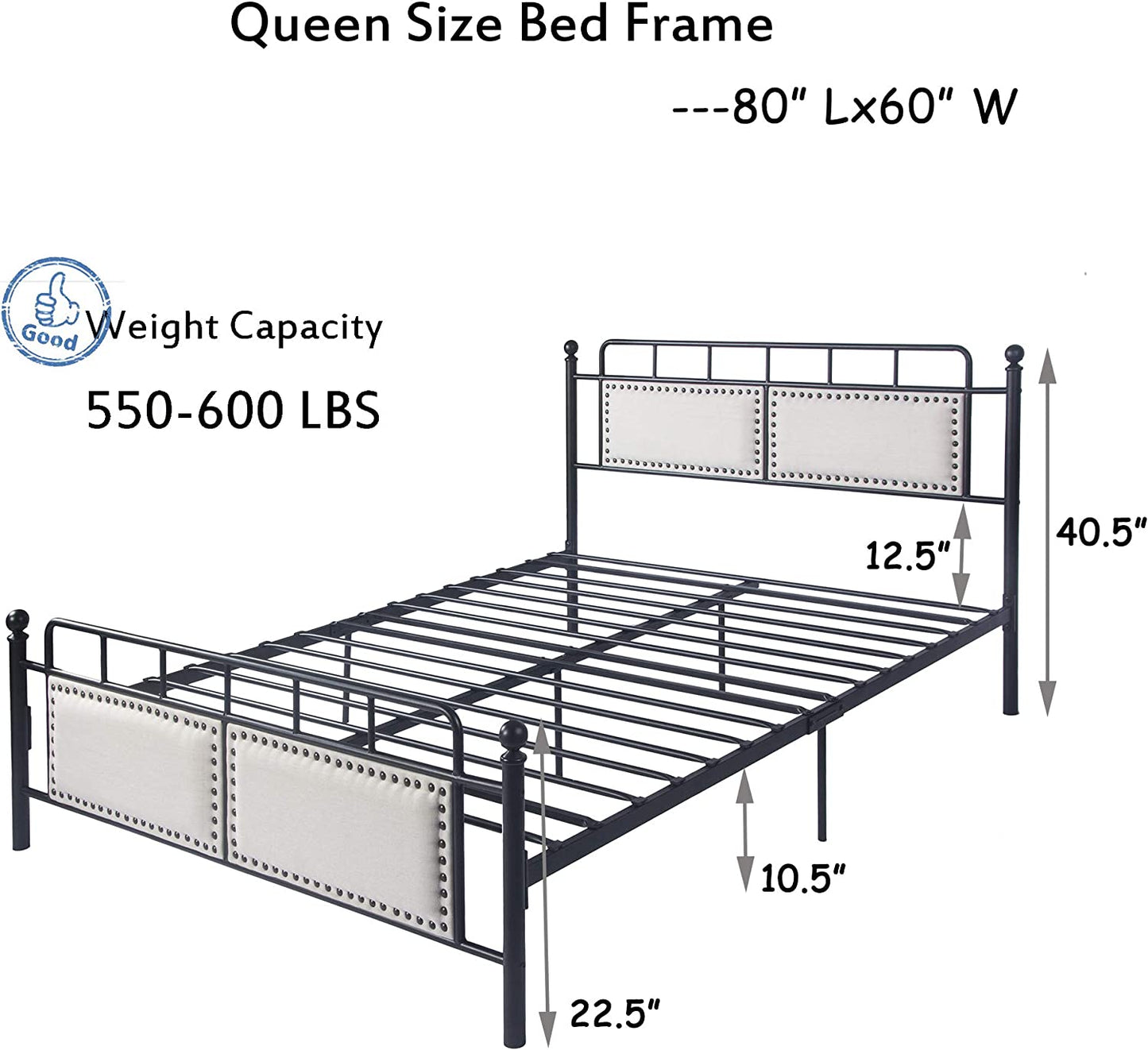 Metal Queen Bed Frame with Upholstered Headboard & Footboard Heavy Duty Platform Bed Frame Steel Sla