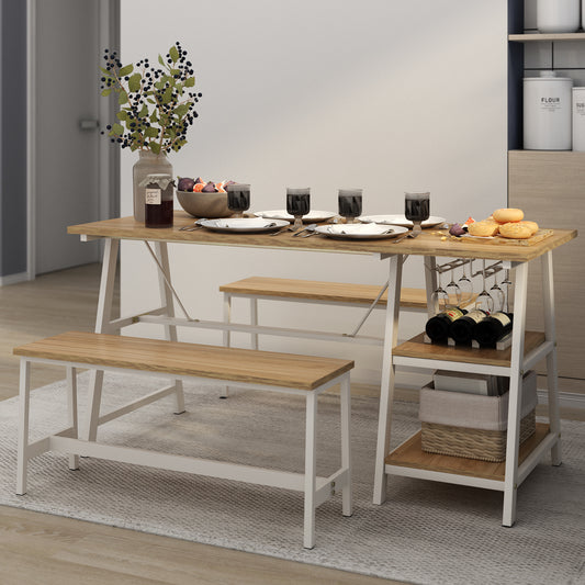 Wooden Dinett  Dining Table Set  4, with Wine Shelf and Glass Holder