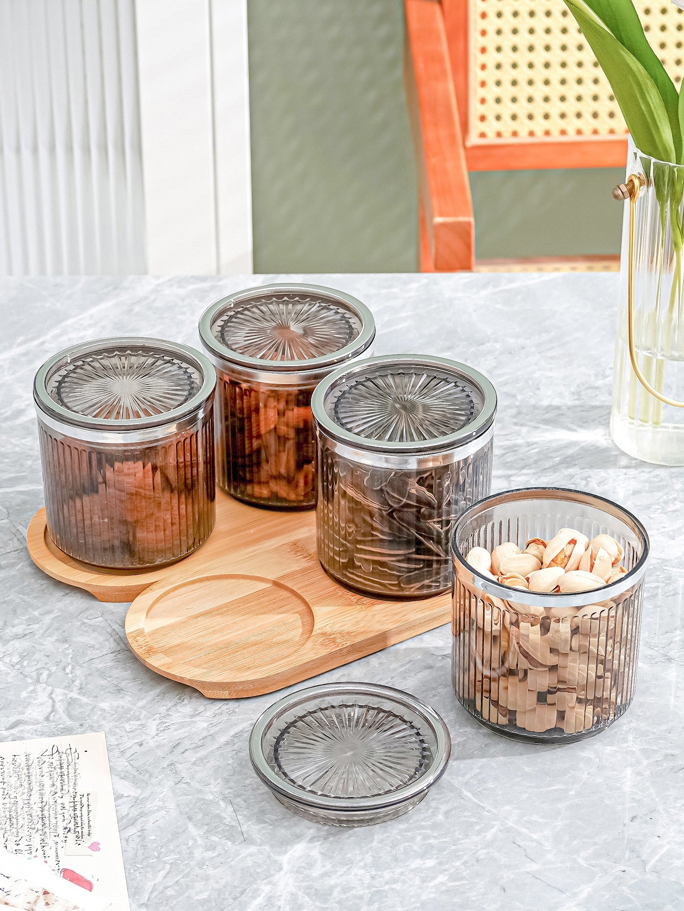 4pcs Wooden Pattern Tray Set Snack Jar with Lid