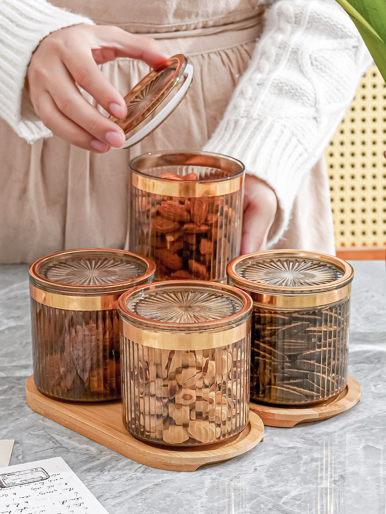 4pcs Wooden Pattern Tray Set Snack Jar with Lid