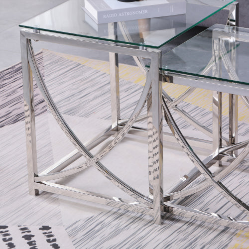 3 Pieces Silver Square Nesting Glass End Tables