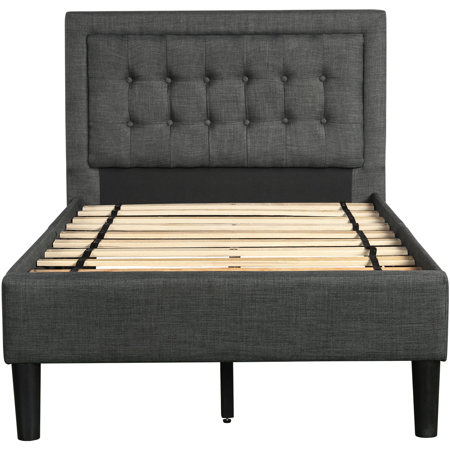 Upholstered Button-Tufted Platform Bed with Strong Wood Slat Support (Twin, Gray)