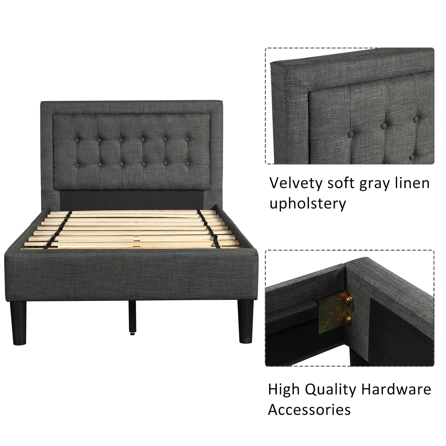 Upholstered Button-Tufted Platform Bed with Strong Wood Slat Support (Twin, Gray)