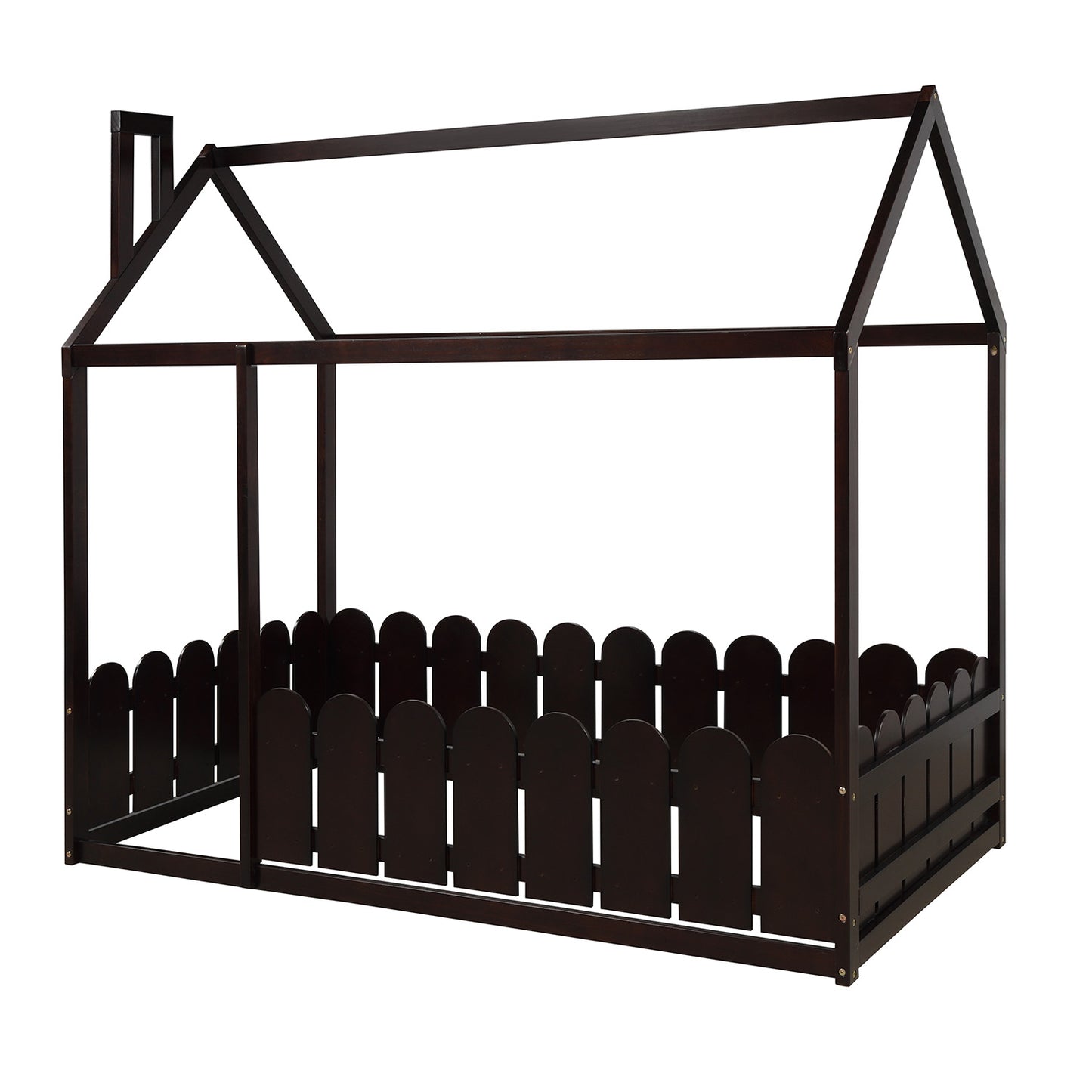 Twin Size Wood Bed House Frame with Fence,  Kids, Teens, Girls, Boys. Espresso