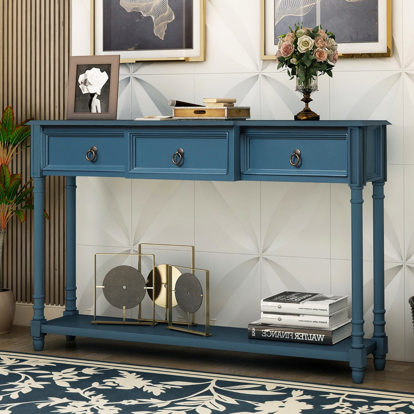 Console Table Sofa Table with Drawers  Entryway with Projecting Drawers and Long Shelf (Antique Navy)