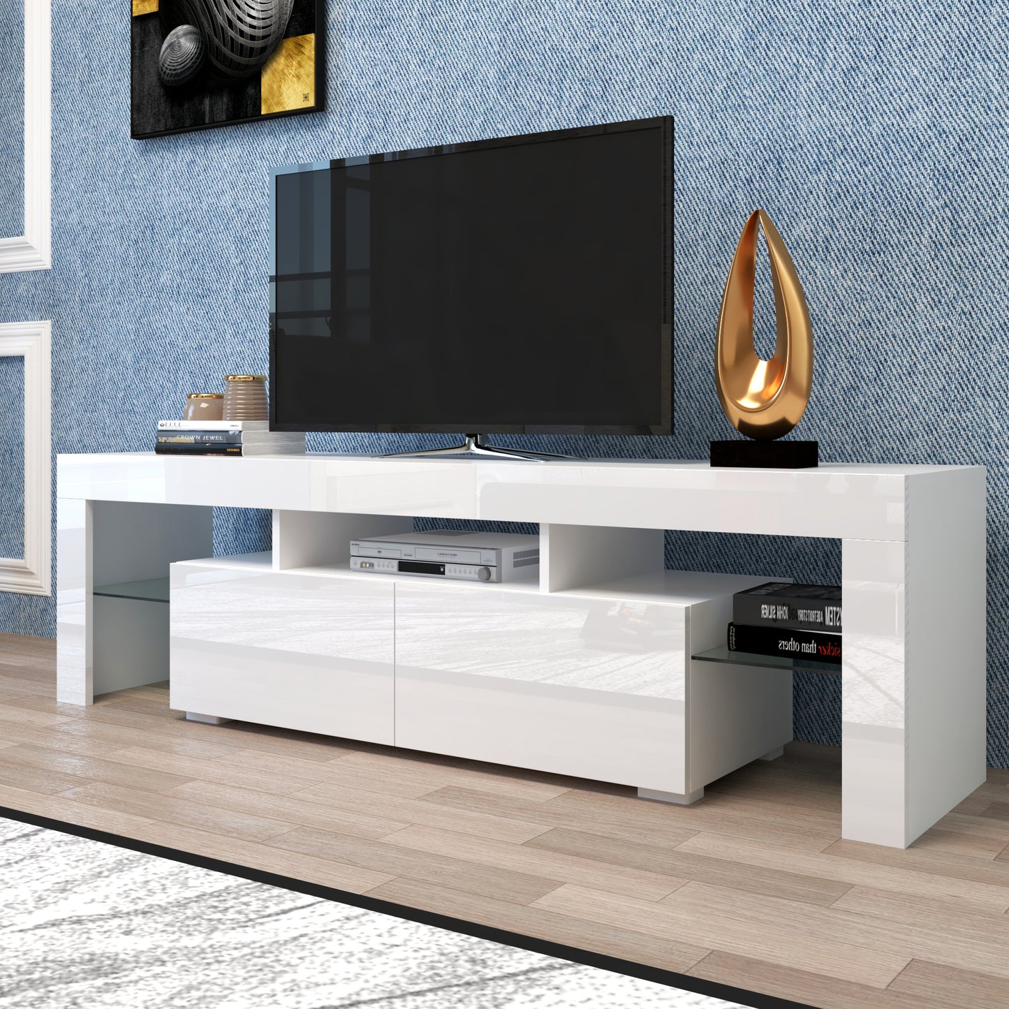 Modern White TV Stand, 20 Colors LED TV Stand w/Remote Control Lights